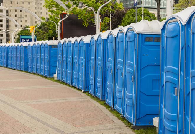 a row of portable restrooms at a fairground, offering visitors a clean and hassle-free experience in rochester